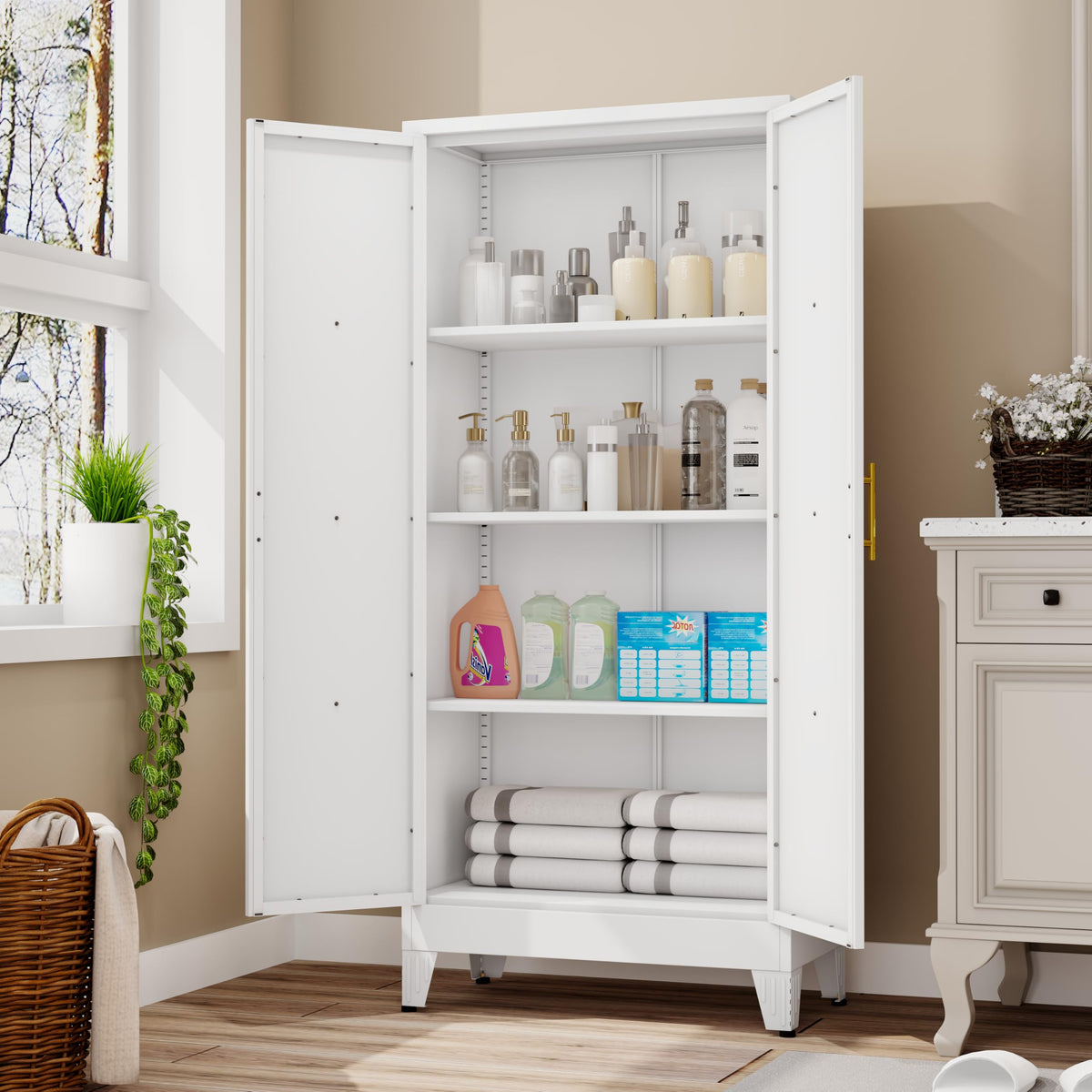 61" Metal Kitchen Pantry Storage Cabinet with 2 Doors and 3 Adjustable Shelves U812417