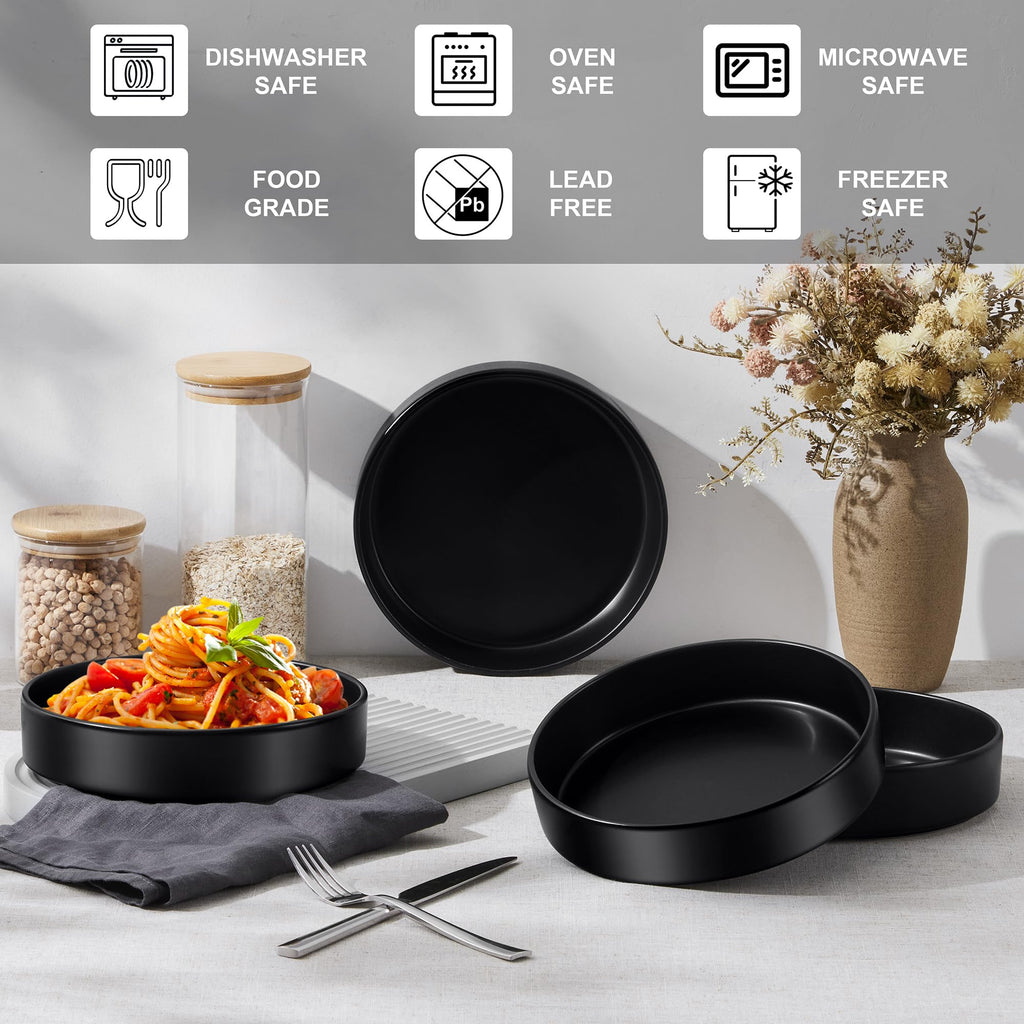 Stoneware Dinnerware Set, 12-Piece Plates and Bowls, Set of 4, Matte Black F285