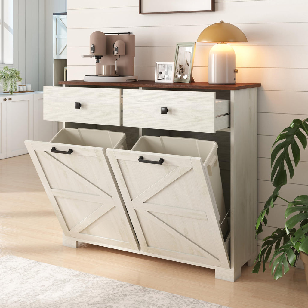 Antique White Wooden Tilt Out Trash Cabinet with 2 Storage Drawers H663