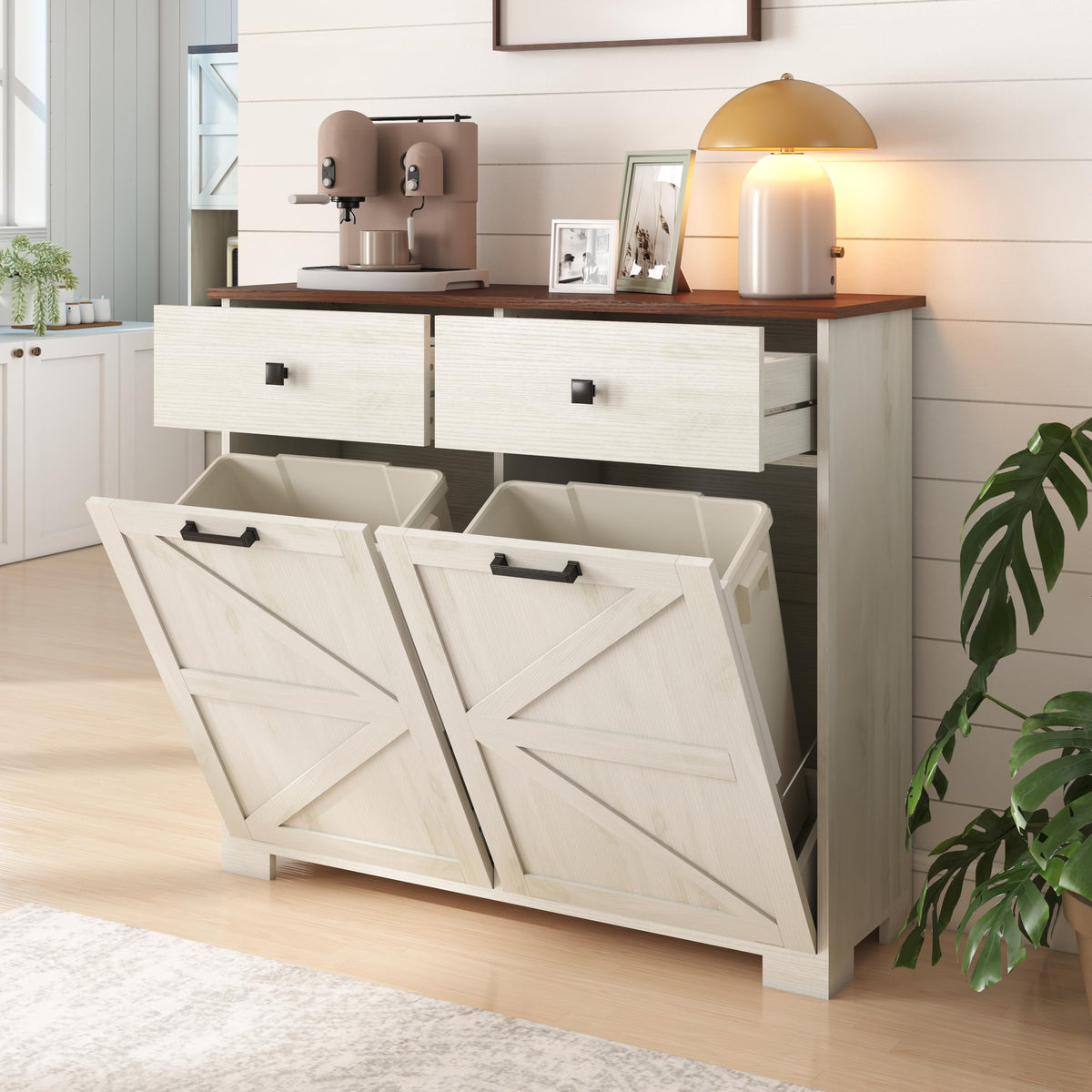 Antique White Wooden Tilt Out Trash Cabinet with 2 Storage Drawers H663
