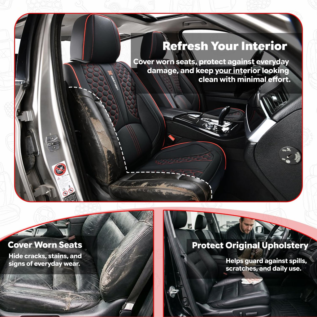 Black and Red Leather Car Seat Cover Set with Lumbar Support C138