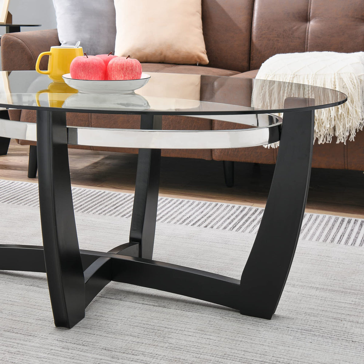Glass Coffee Table with Solid Wood Base, 43.3''L x 29.5''W x 20.1''H B5379