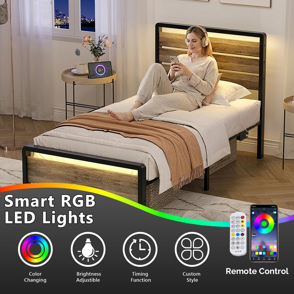 Twin Bed Frame Set of 2 with LED Headboard and USB Charging Station F739