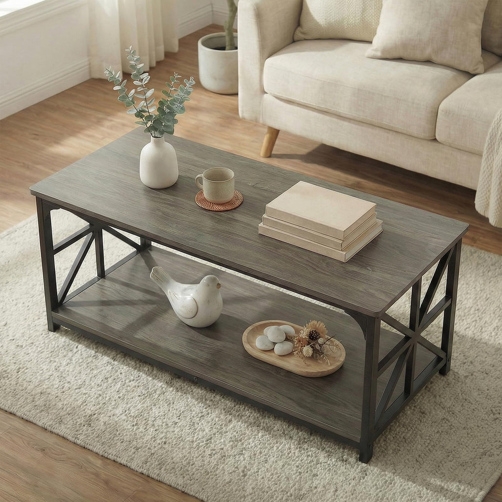 2-Tier Rectangular Coffee Table with Wooden Top and Metal Frame T594