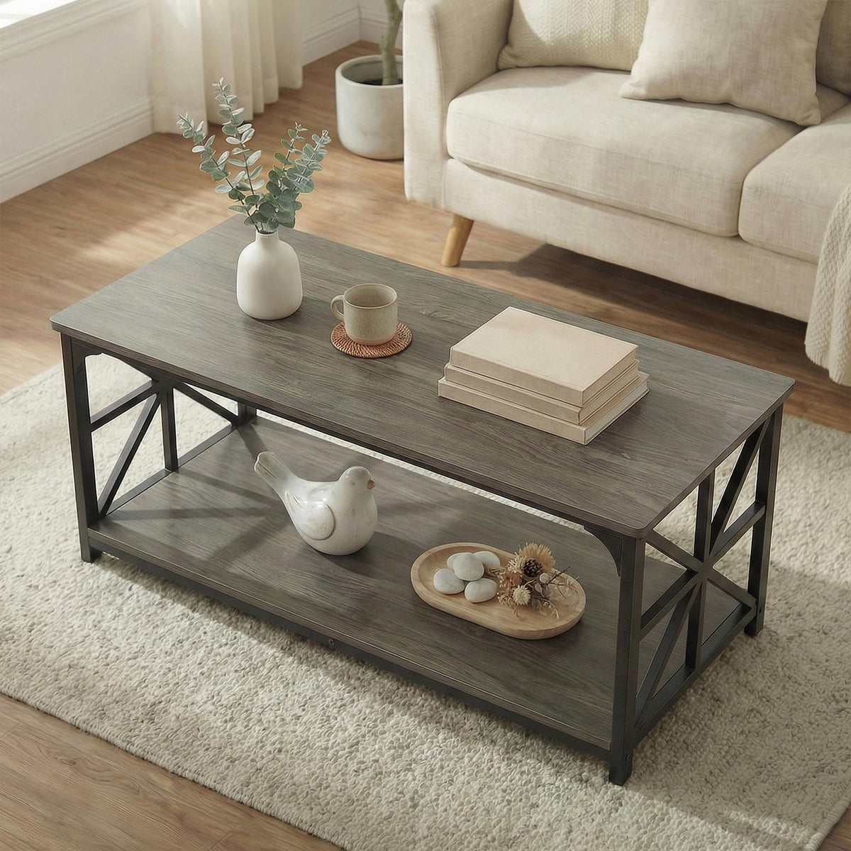 2-Tier Rectangular Coffee Table with Wooden Top and Metal Frame T594
