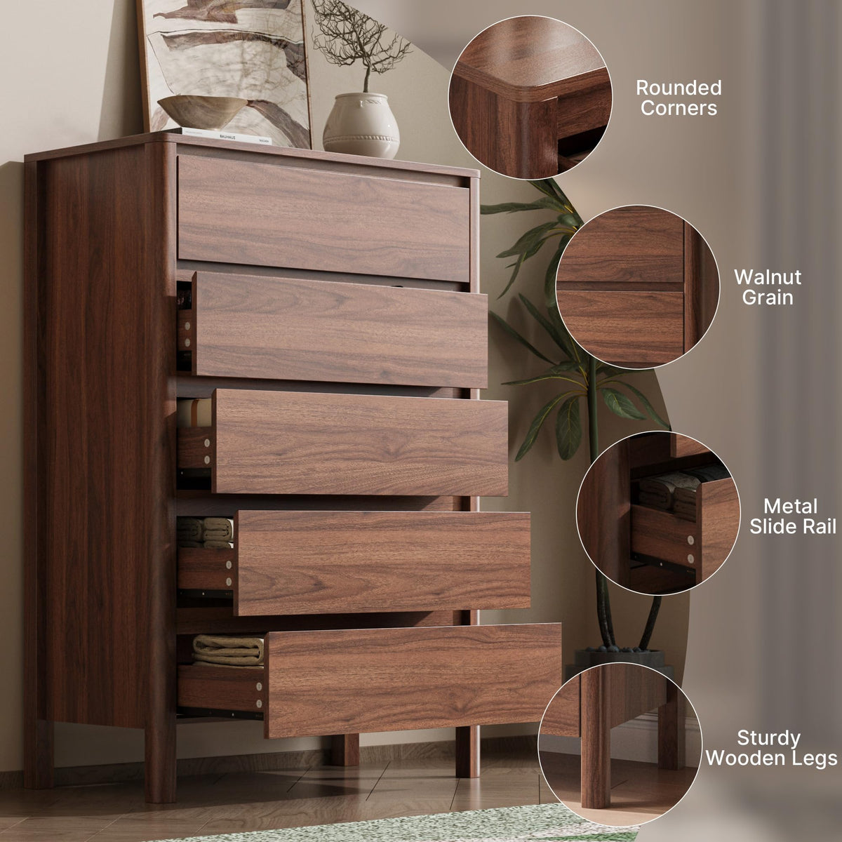 Walnut 5 Drawer Wood Dresser W865682