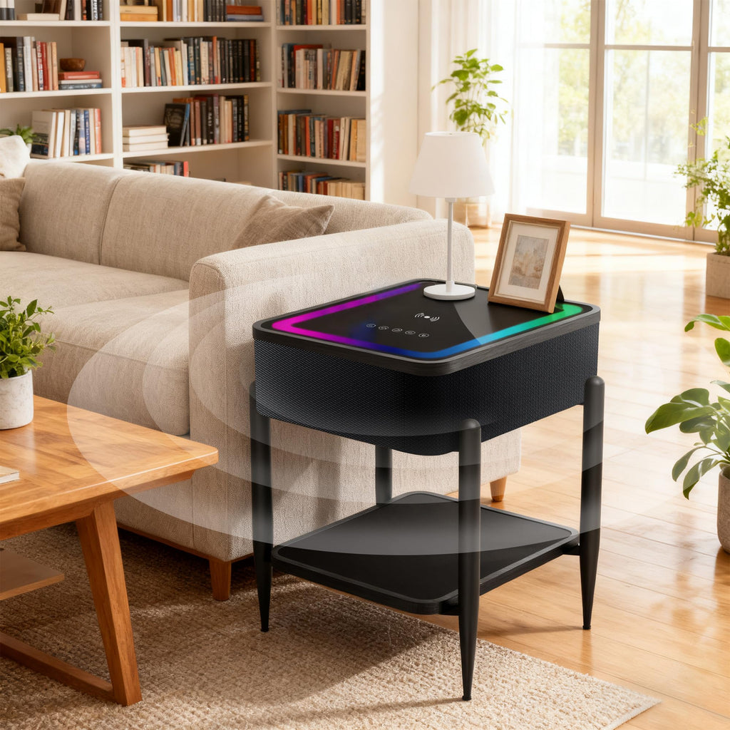 Black LED Smart Nightstand with Bluetooth Speaker & Wireless Charging G754