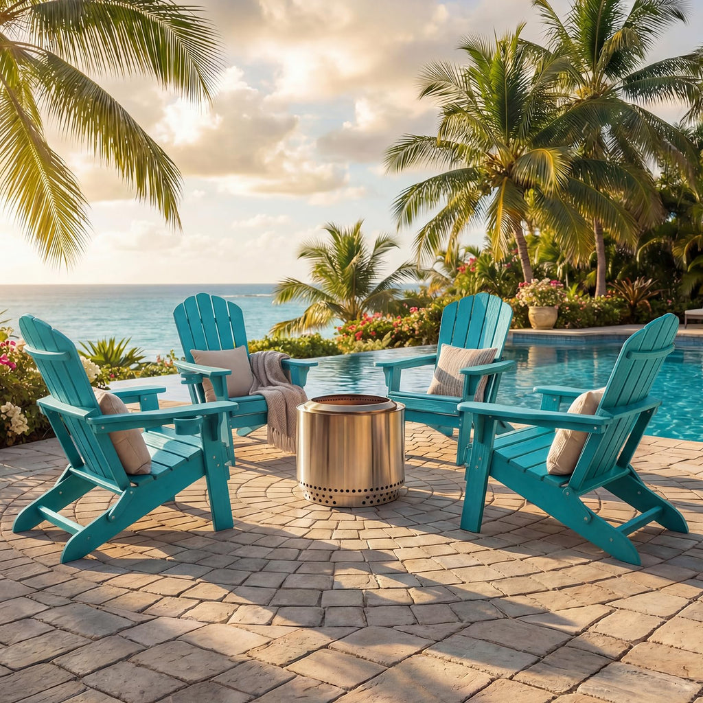 Folding Adirondack Chairs Set of 4 All-Weather Outdoor Chair with Cup Holder A4010