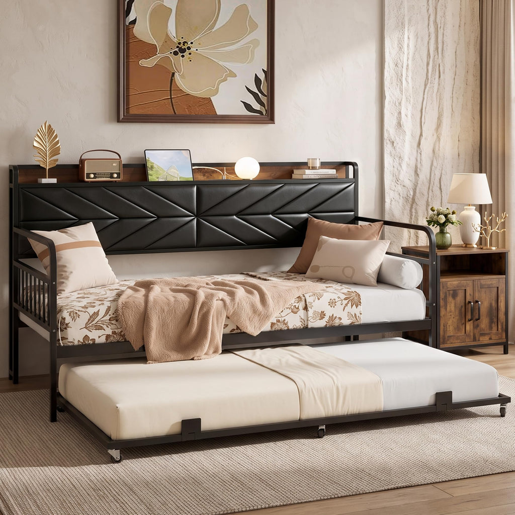 Black Metal Twin Daybed with Trundle and Storage Headboard V7019