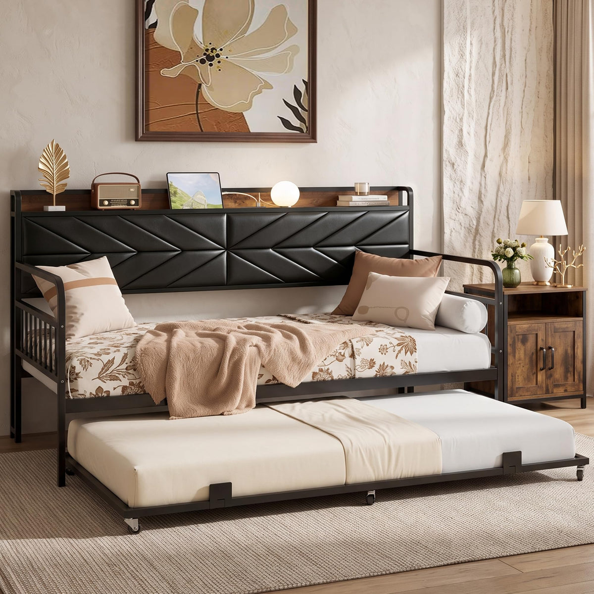 Black Metal Twin Daybed with Trundle and Storage Headboard V7019