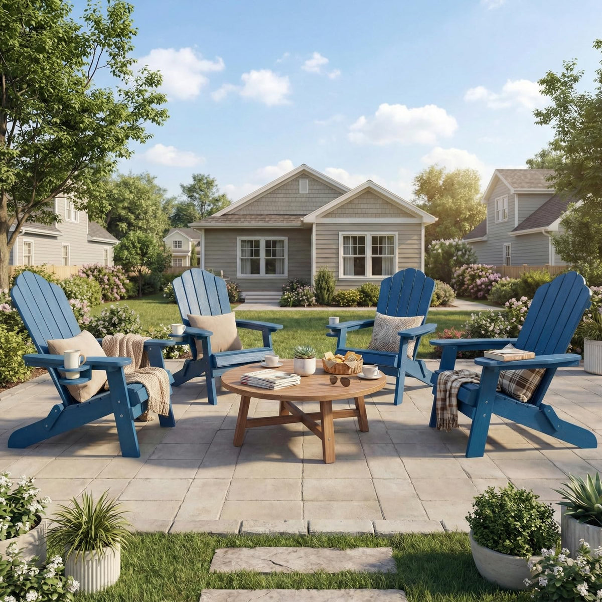 Folding Adirondack Chairs Set of 4 All-Weather Outdoor Chair with Cup Holder A4010