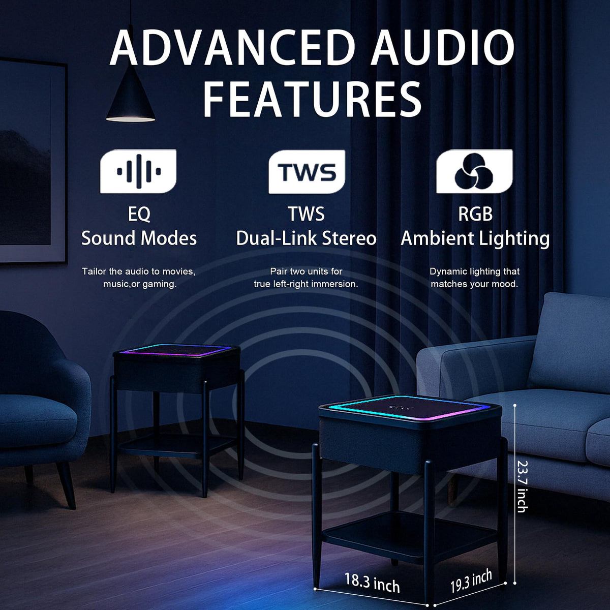 Black LED Smart Nightstand with Bluetooth Speaker & Wireless Charging G754