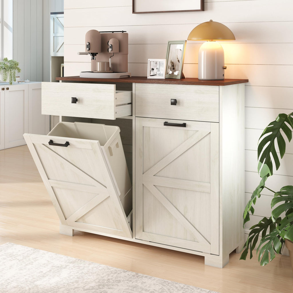 Antique White Wooden Tilt Out Trash Cabinet with 2 Storage Drawers H663