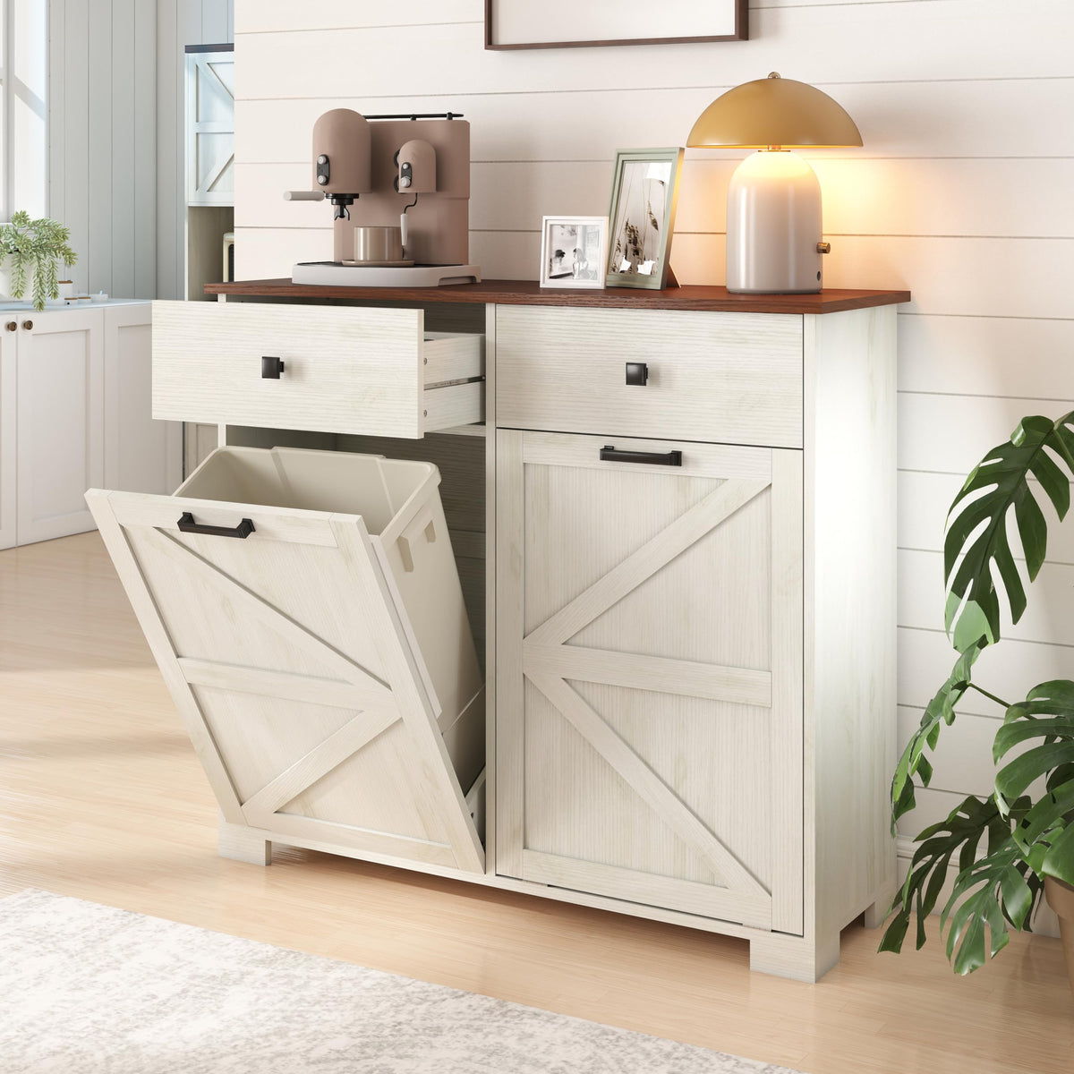 Antique White Wooden Tilt Out Trash Cabinet with 2 Storage Drawers H663