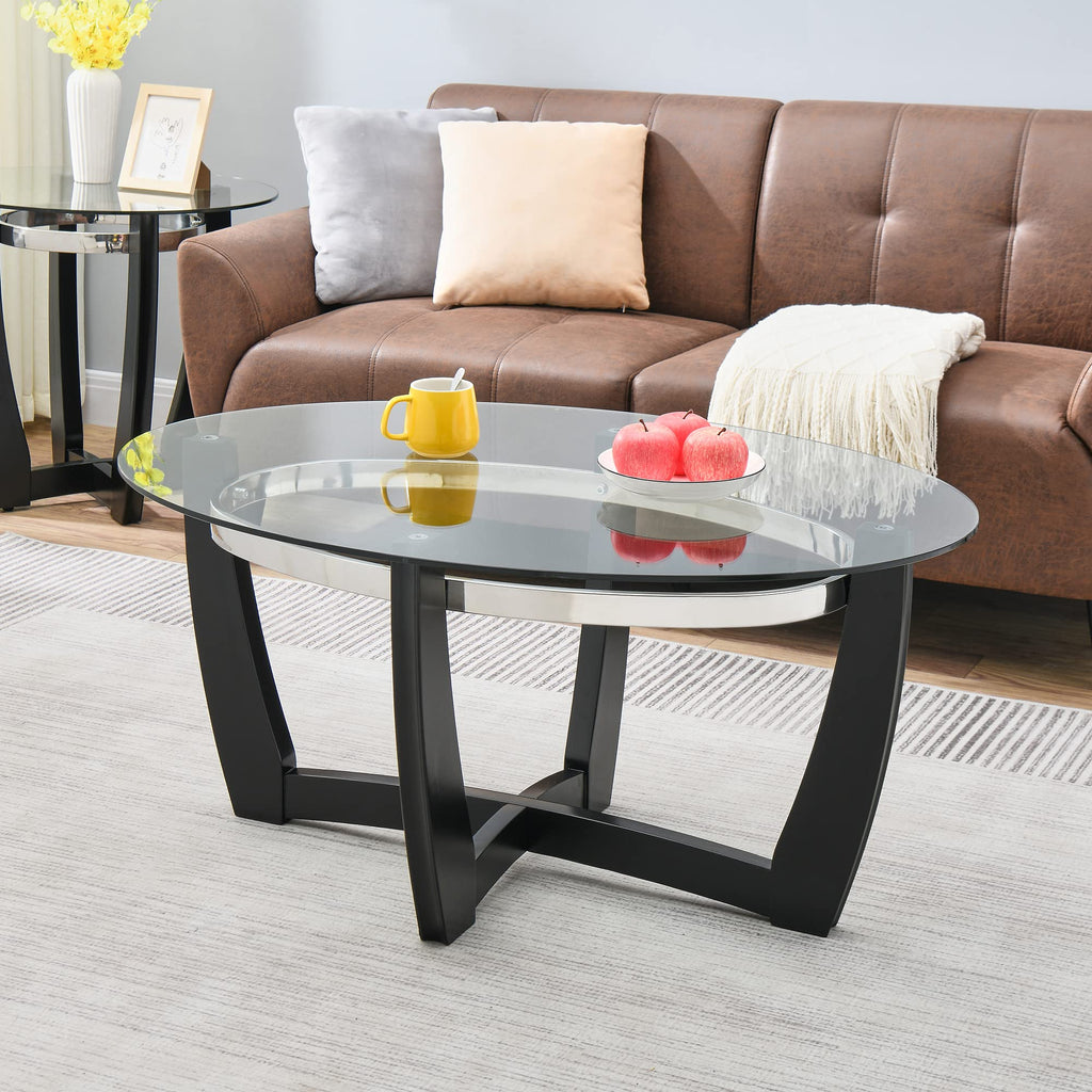 Glass Coffee Table with Solid Wood Base, 43.3''L x 29.5''W x 20.1''H B5379