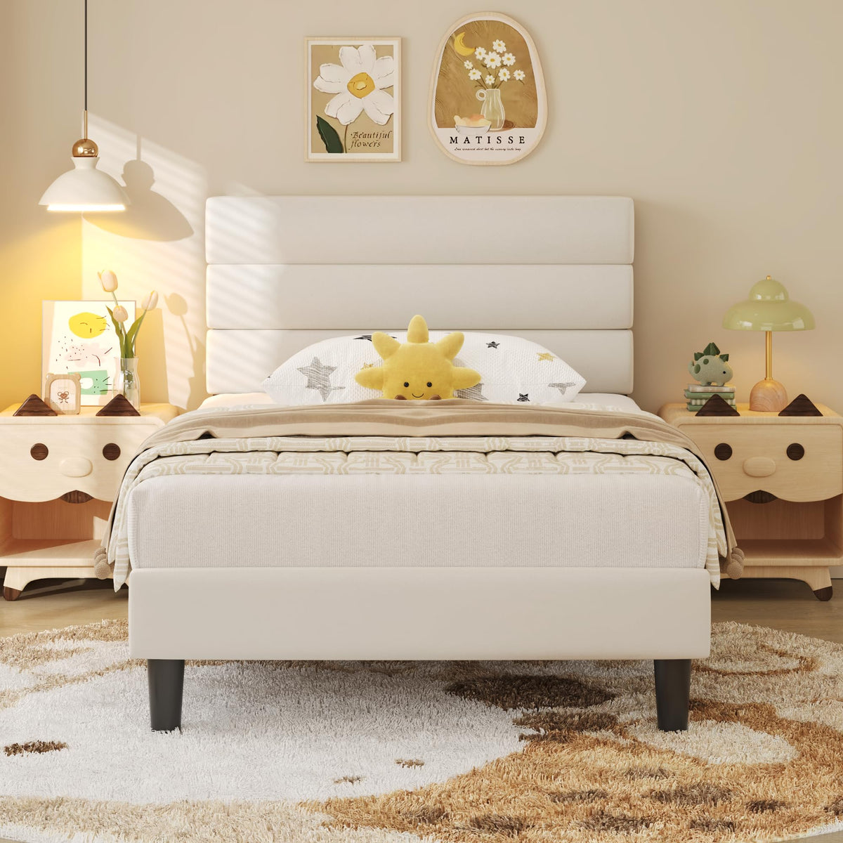 Beige Velvet Upholstered Twin Platform Bed Frame D878