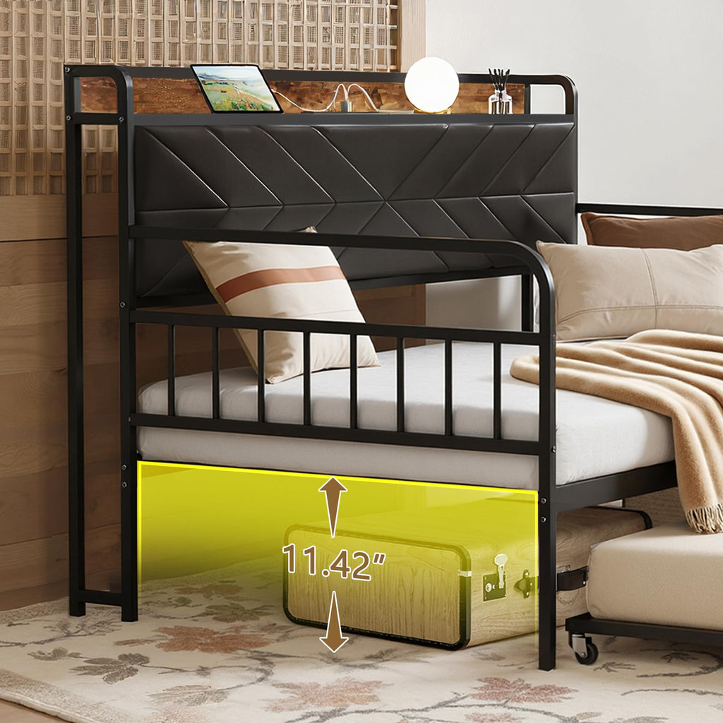 Black Metal Twin Daybed with Trundle and Storage Headboard V7019