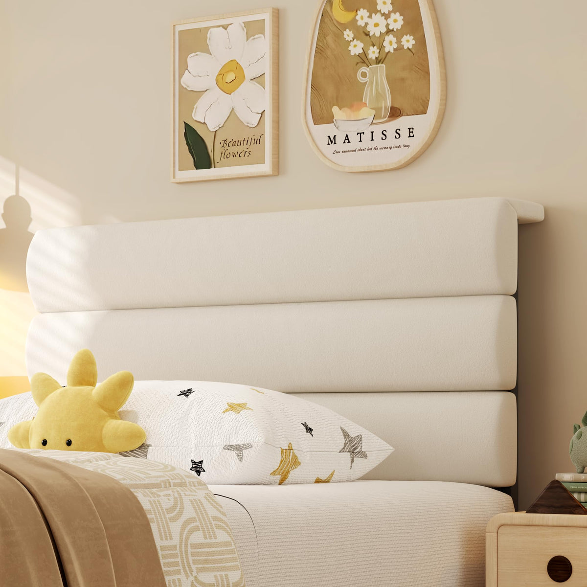Beige Velvet Upholstered Twin Platform Bed Frame D878