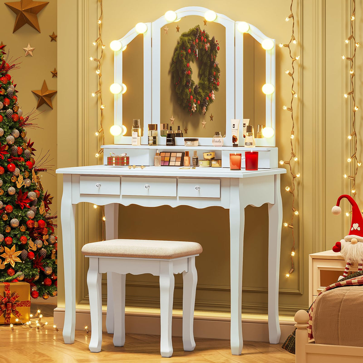 White Vanity Table Set with Lighted Mirror and Stool J66040