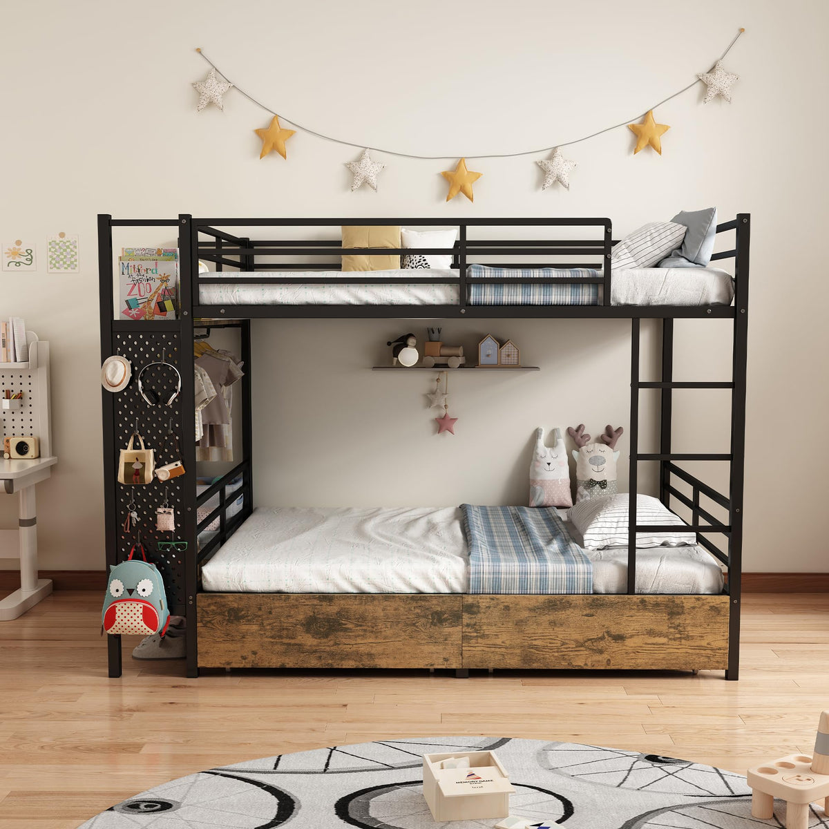 Twin Over Twin Metal Bunk Bed with Storage N910044