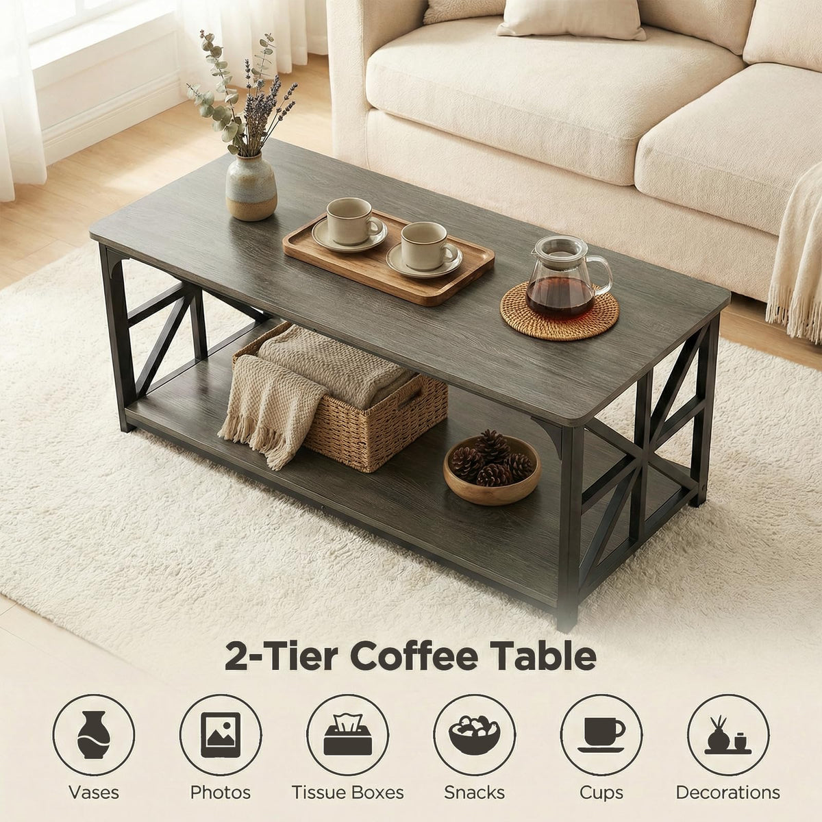 2-Tier Rectangular Coffee Table with Wooden Top and Metal Frame T594