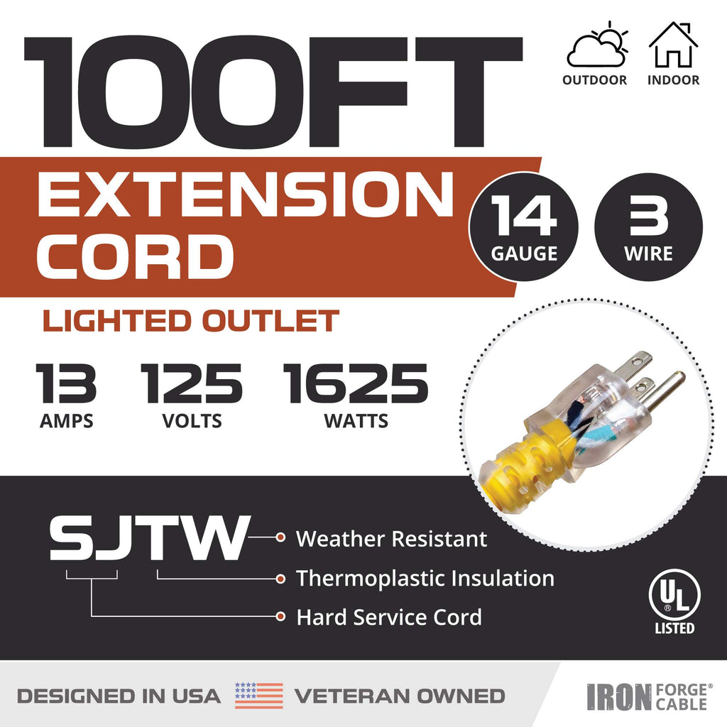 14 Gauge Heavy Duty Extension Cord, 100 Ft Yellow SJTW S340