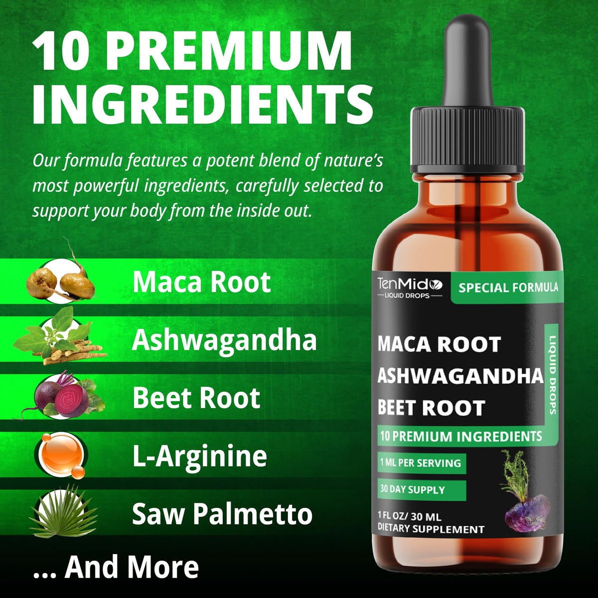 Maca Liquid Drops with Ashwagandha, Fenugreek, Beet Root, L-Arginine, Turmeric, Ginseng O15122