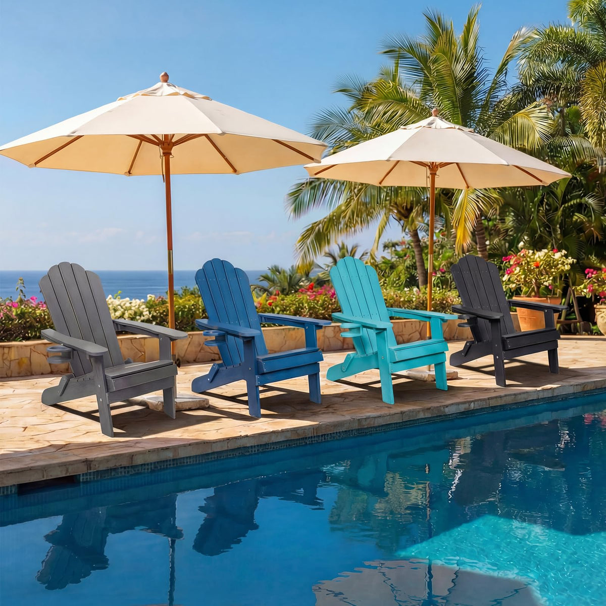 Folding Adirondack Chairs Set of 4 All-Weather Outdoor Chair with Cup Holder A4010