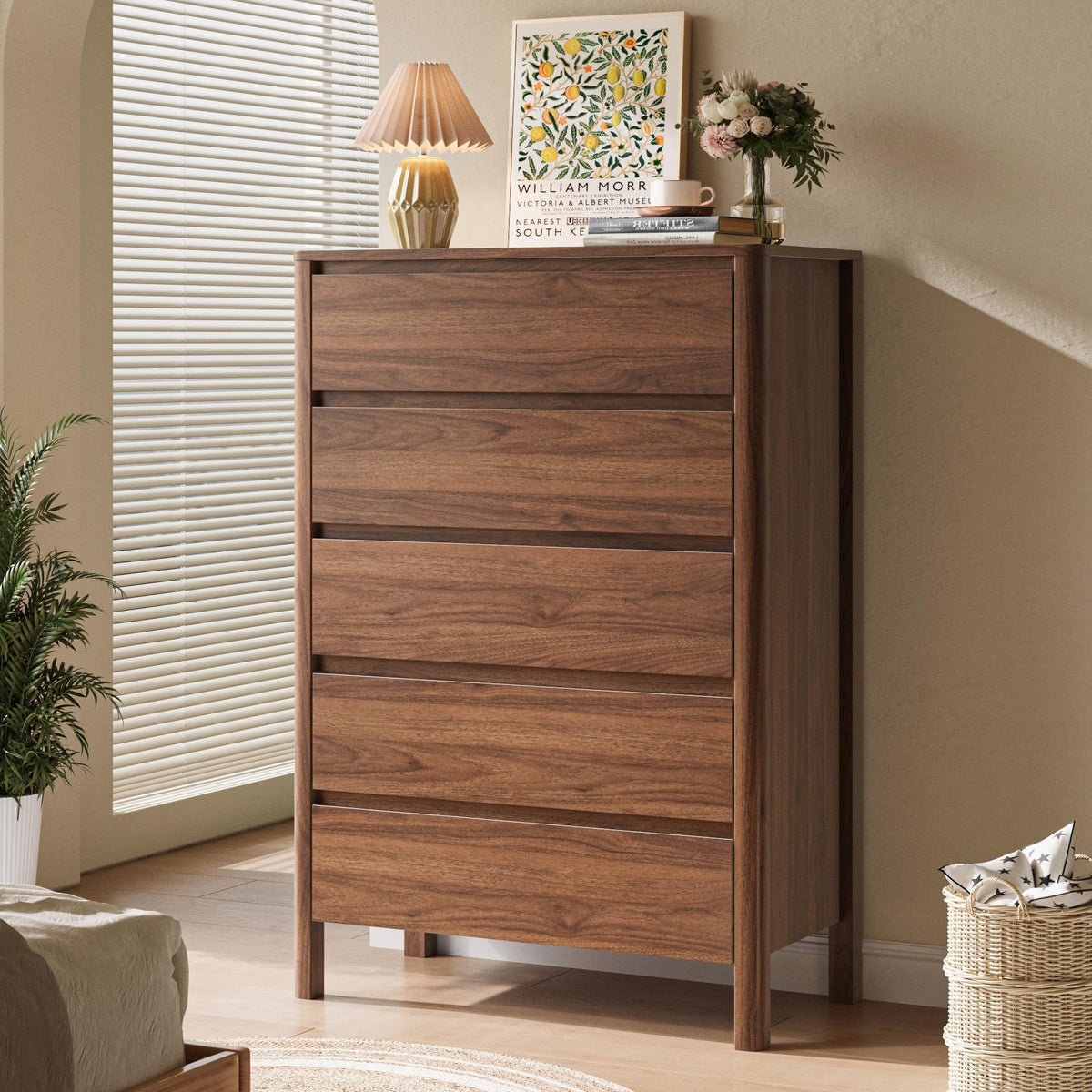Walnut 5 Drawer Wood Dresser W865682