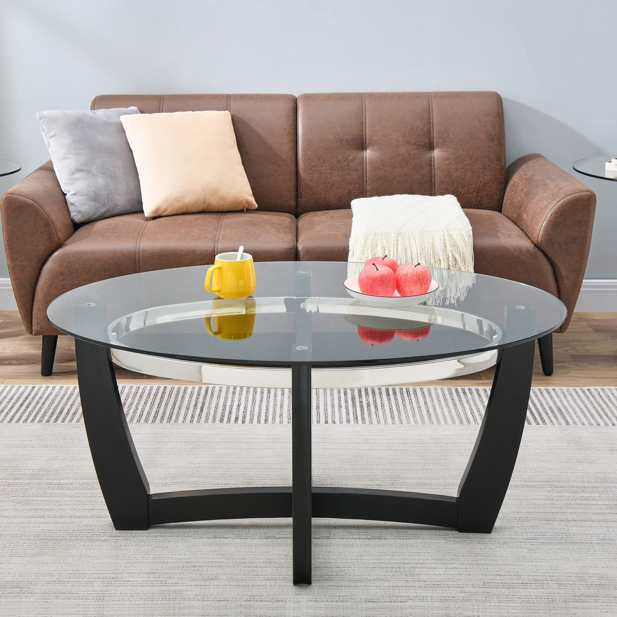 Glass Coffee Table with Solid Wood Base, 43.3''L x 29.5''W x 20.1''H B5379
