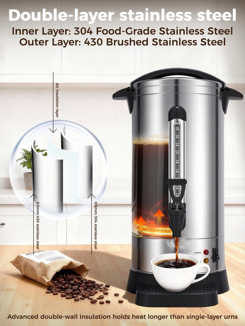 100-Cup Commercial Coffee Urn 15L Stainless Steel Percolator W774132