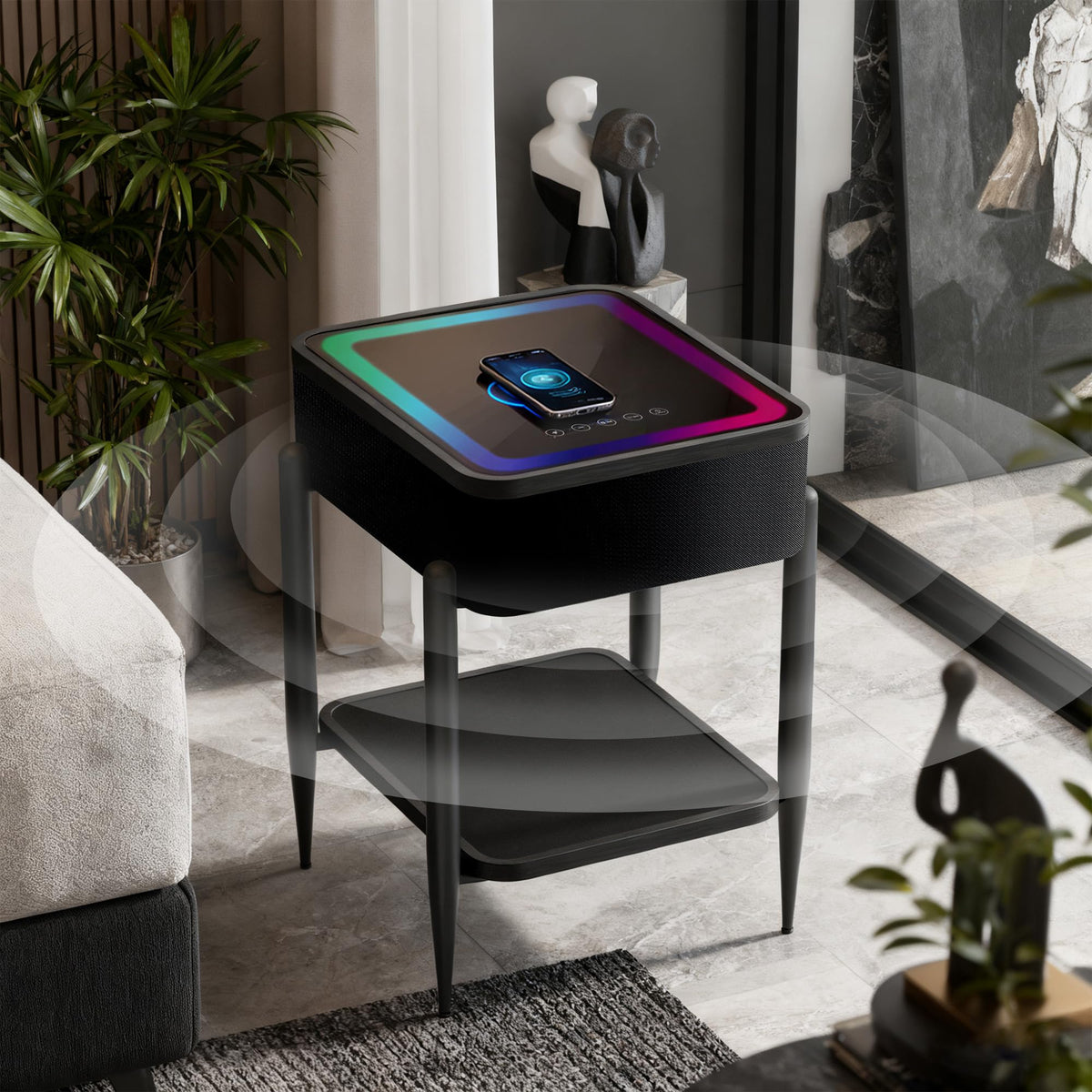 Black LED Smart Nightstand with Bluetooth Speaker & Wireless Charging G754