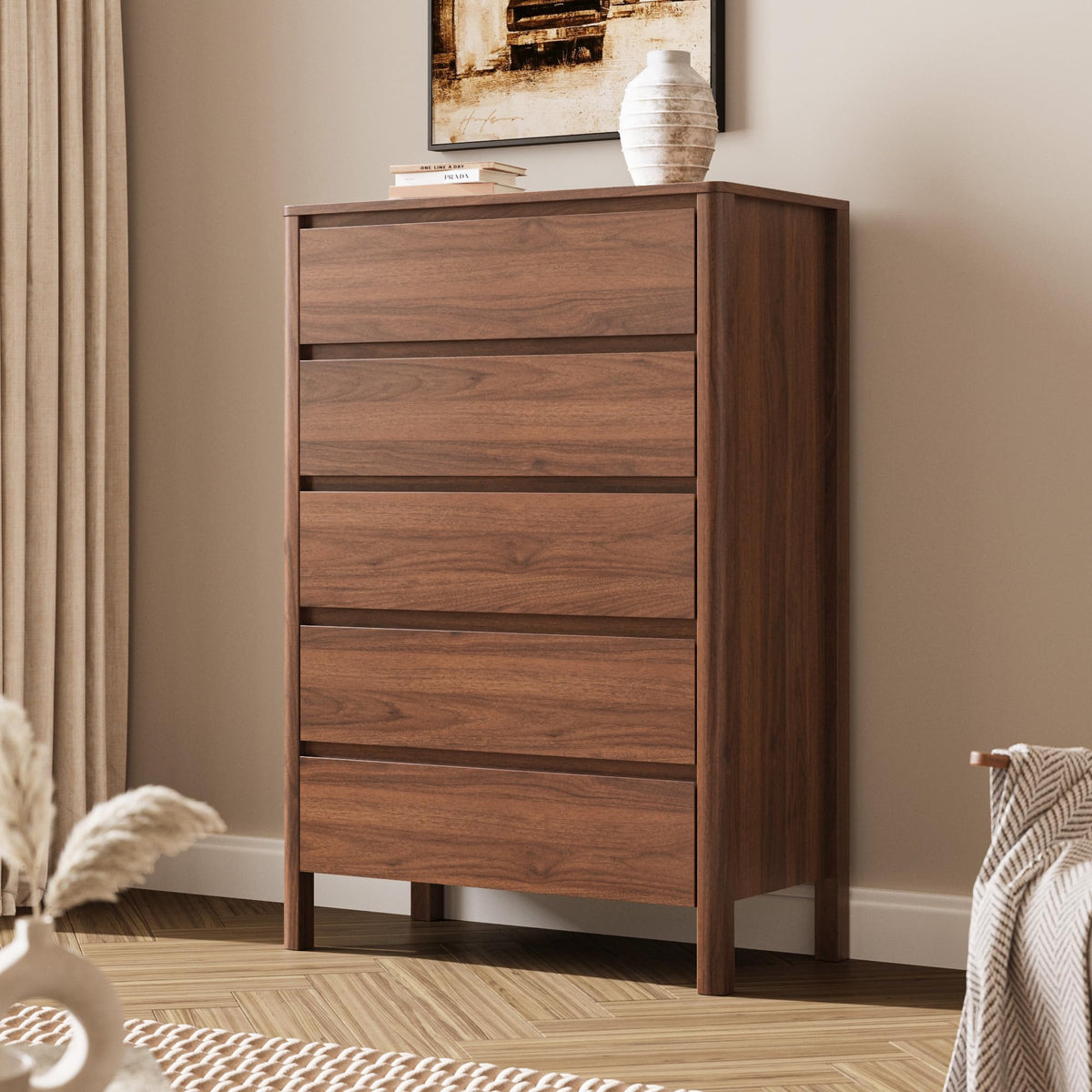 Walnut 5 Drawer Wood Dresser W865682