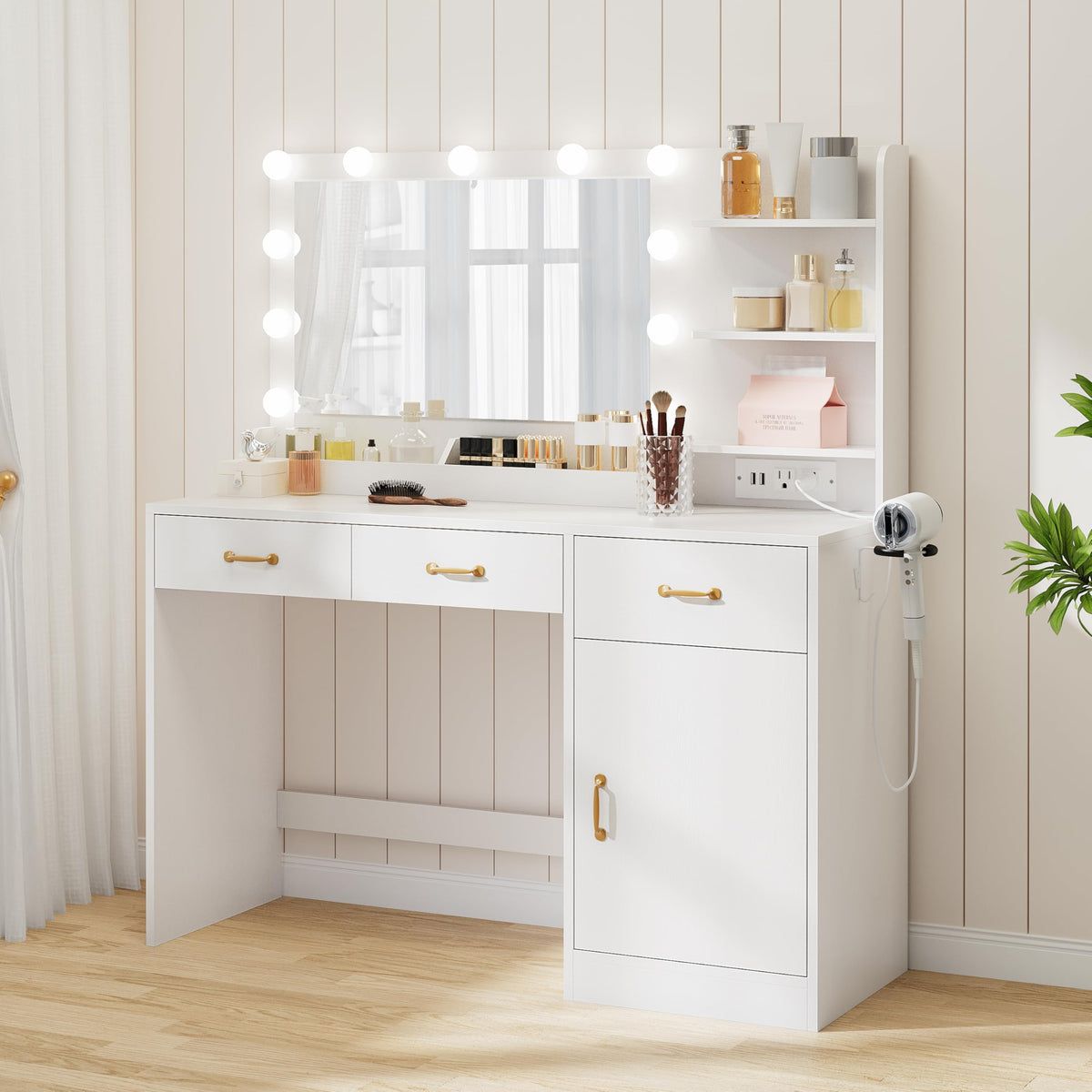 White Vanity Desk with Mirror and Lights M20253