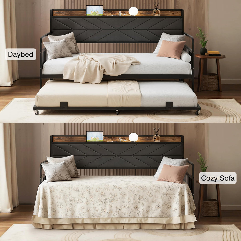 Black Metal Twin Daybed with Trundle and Storage Headboard V7019