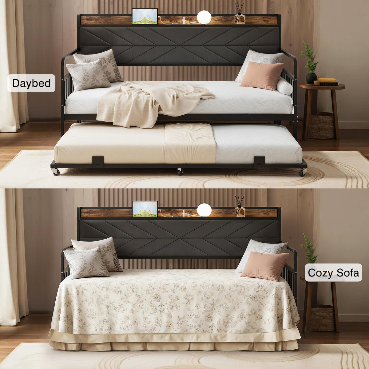 Black Metal Twin Daybed with Trundle and Storage Headboard V7019