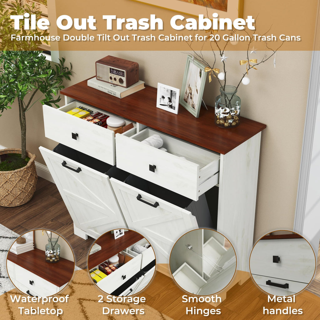 Antique White Wooden Tilt Out Trash Cabinet with 2 Storage Drawers H663
