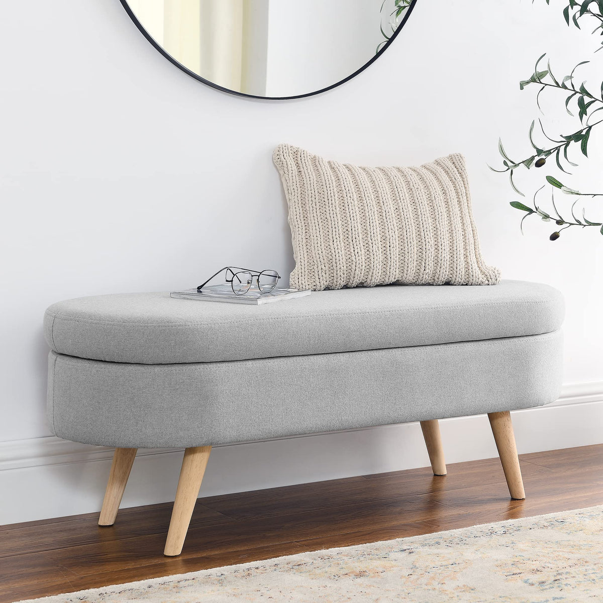 Oval Storage Bench with Linen Fabric and Rubber Wood Legs Grey E870948