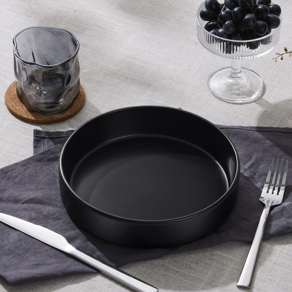 Stoneware Dinnerware Set, 12-Piece Plates and Bowls, Set of 4, Matte Black F285