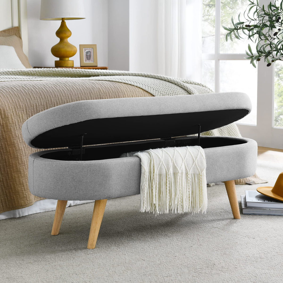 Oval Storage Bench with Linen Fabric and Rubber Wood Legs Grey E870948