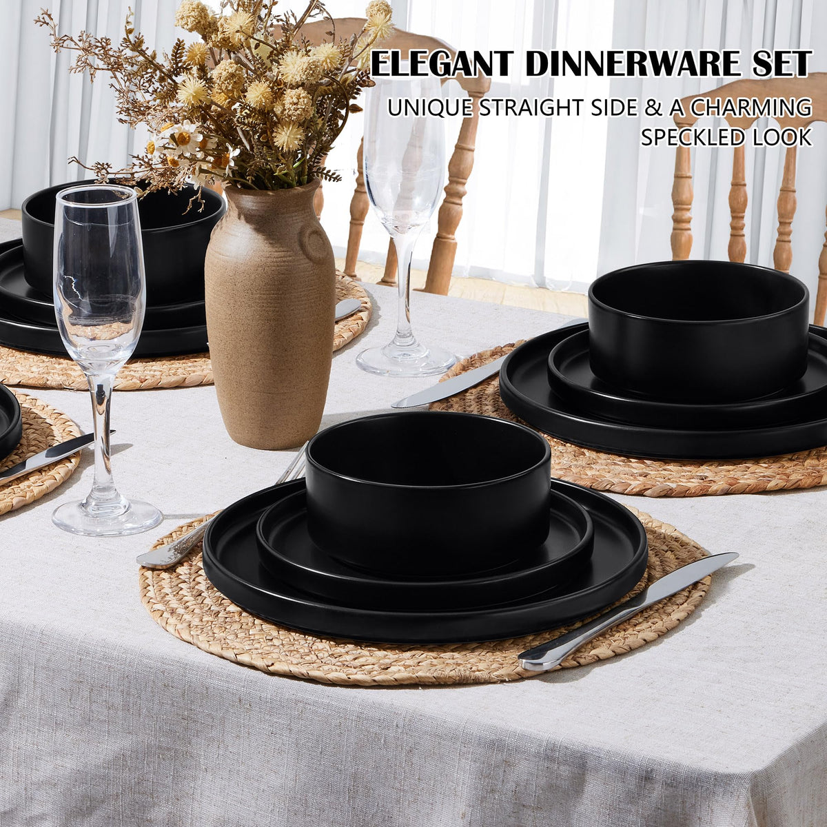 Stoneware Dinnerware Set, 12-Piece Plates and Bowls, Set of 4, Matte Black F285