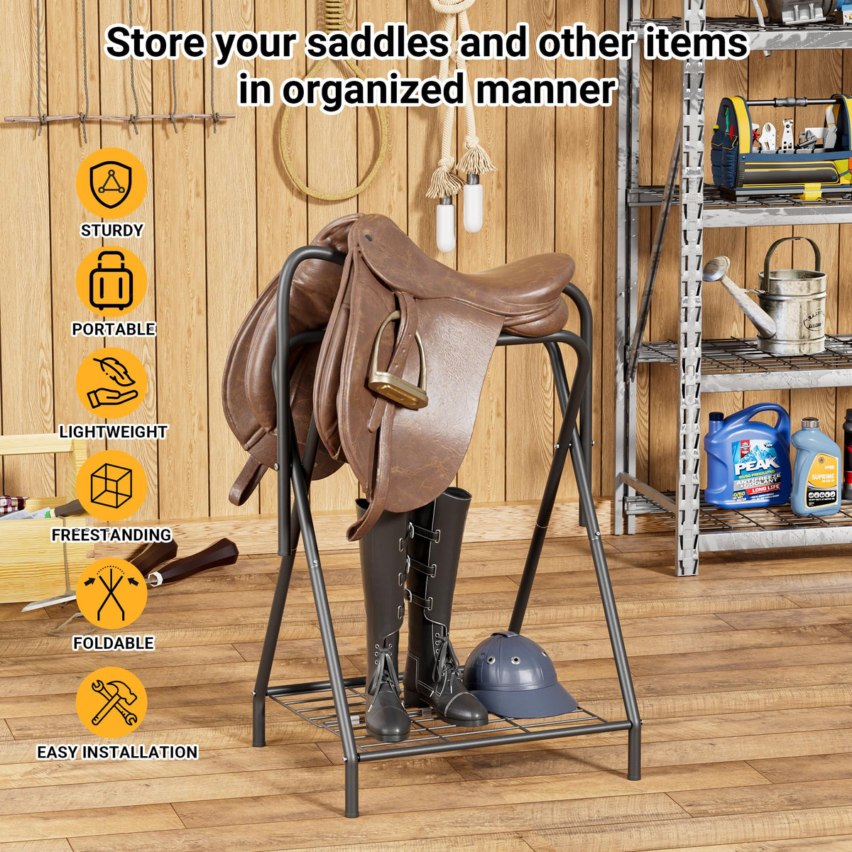 Foldable Saddle Rack with Storage Shelf, Black M656206