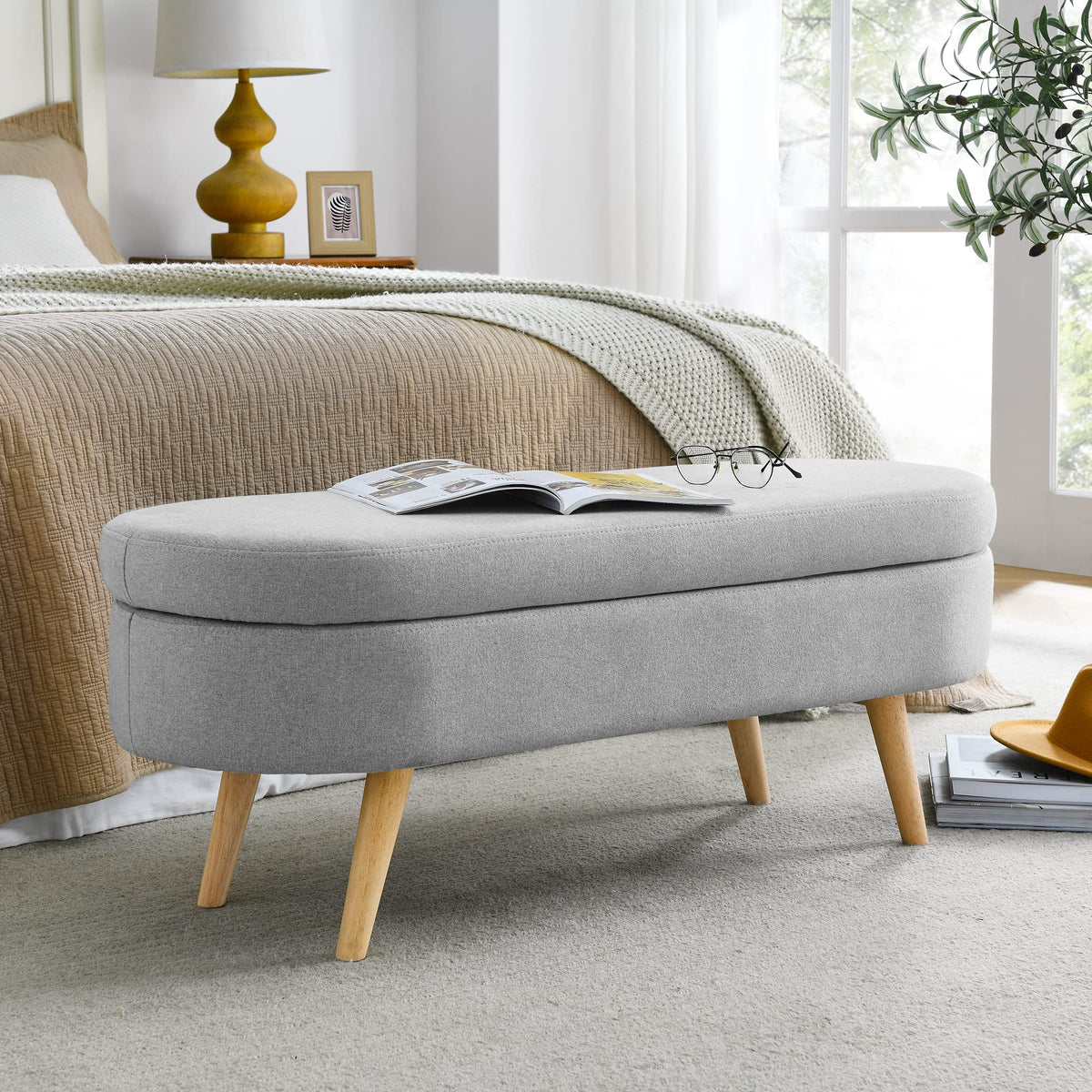 Oval Storage Bench with Linen Fabric and Rubber Wood Legs Grey E870948