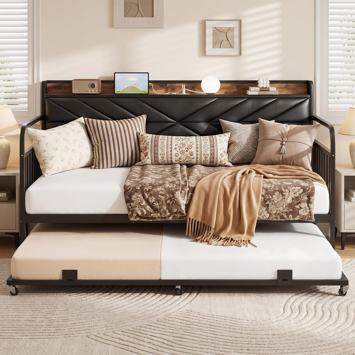 Black Metal Twin Daybed with Trundle and Storage Headboard V7019