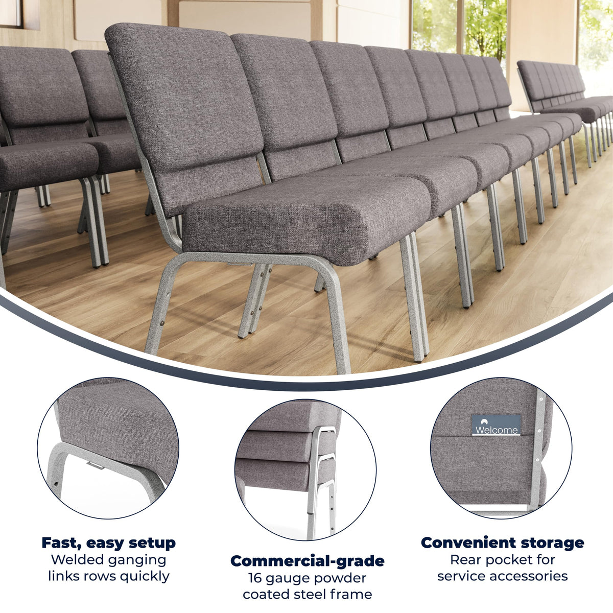 4 Pack Stacking Church Chair in Gray Fabric N6641