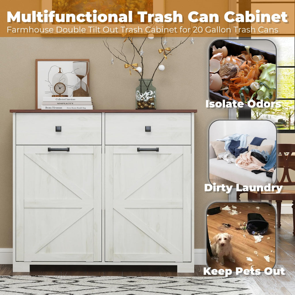 Antique White Wooden Tilt Out Trash Cabinet with 2 Storage Drawers H663