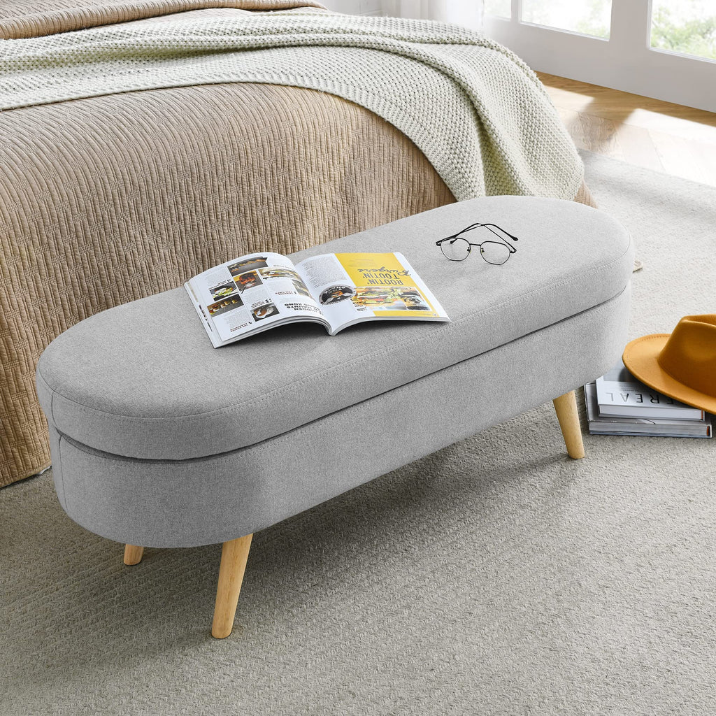 Oval Storage Bench with Linen Fabric and Rubber Wood Legs Grey E870948
