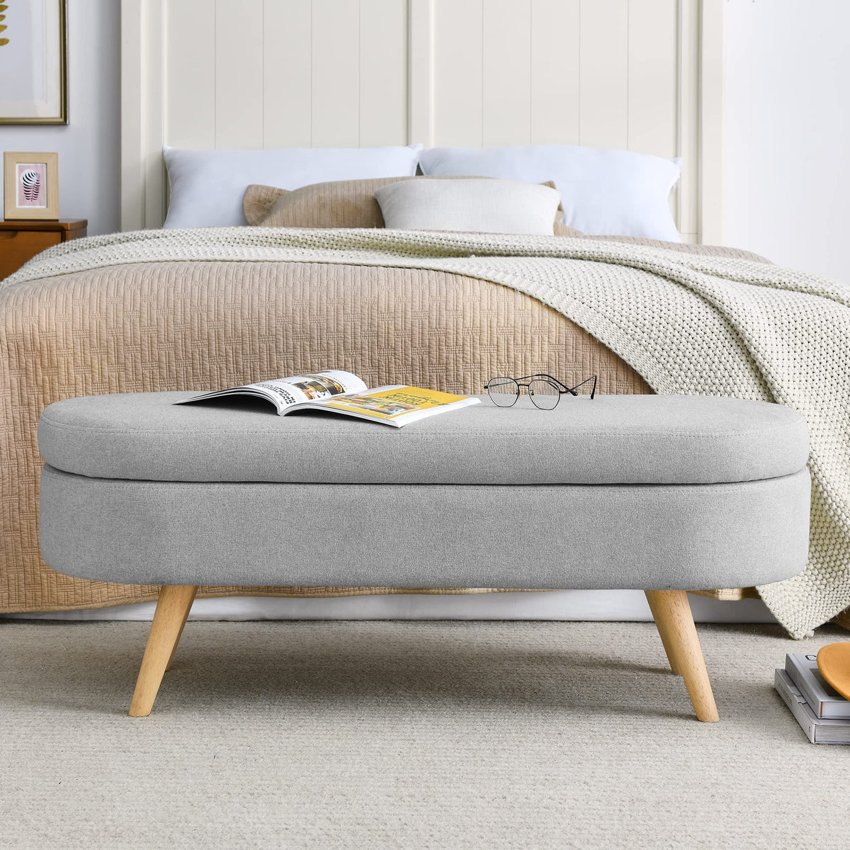 Oval Storage Bench with Linen Fabric and Rubber Wood Legs Grey E870948